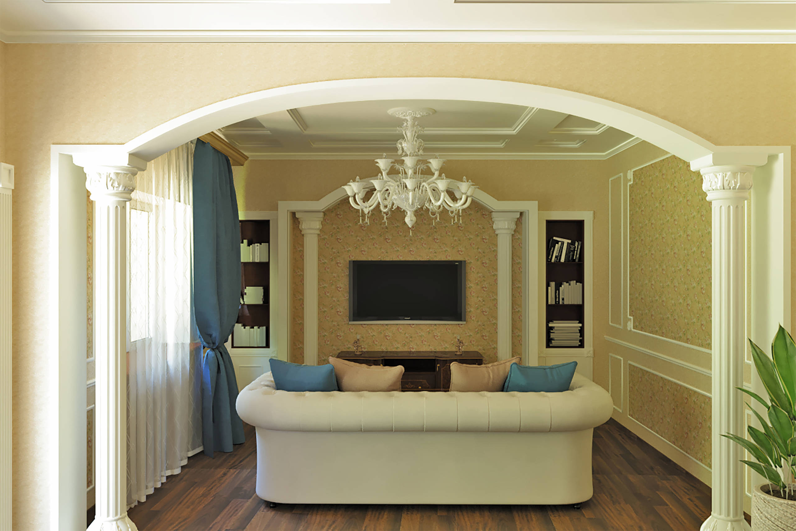 Интерьер гостиной с аркой и проемом в классическом стиле