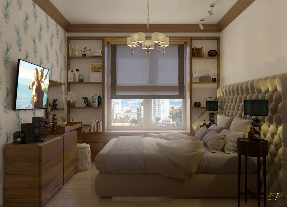 Интерьер гостиной с жалюзи и светильниками над кроватью