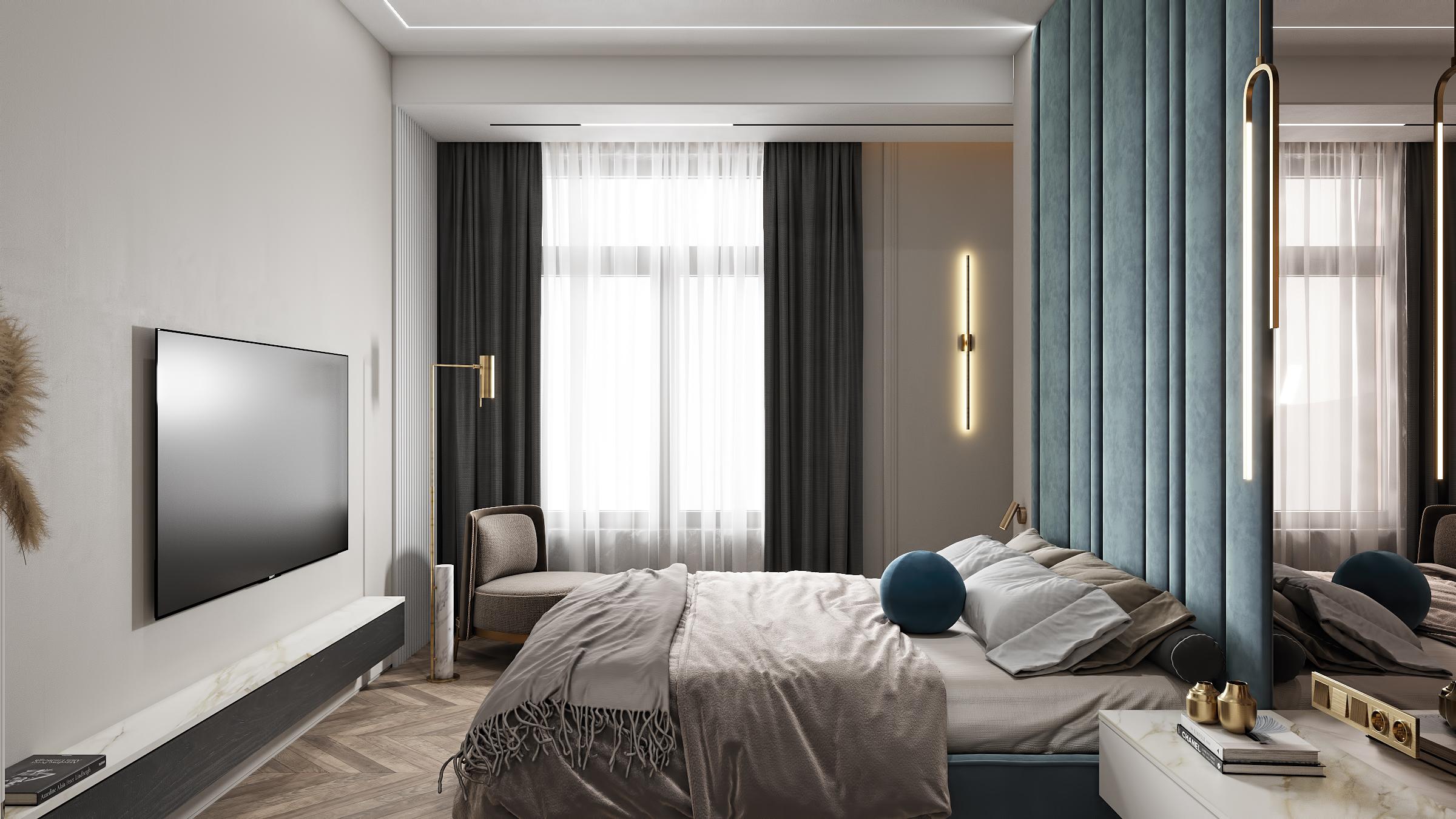 Интерьер спальни cветовыми линиями, бра над кроватью, подсветкой настенной, подсветкой светодиодной, светильниками над кроватью и с подсветкой