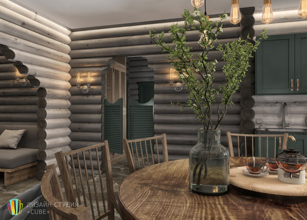 Интерьер столовой с в деревянном доме и сауной