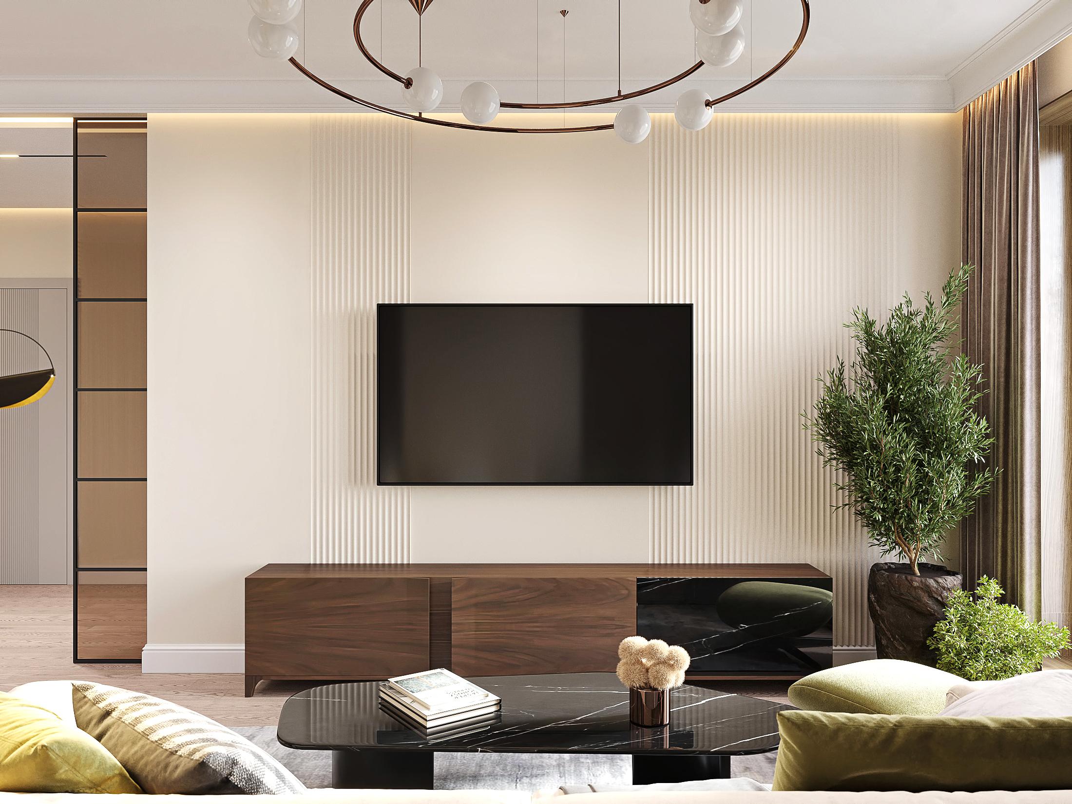 Интерьер гостиной cветовыми линиями, телевизором на рейках, рейками с подсветкой, подсветкой настенной и подсветкой светодиодной