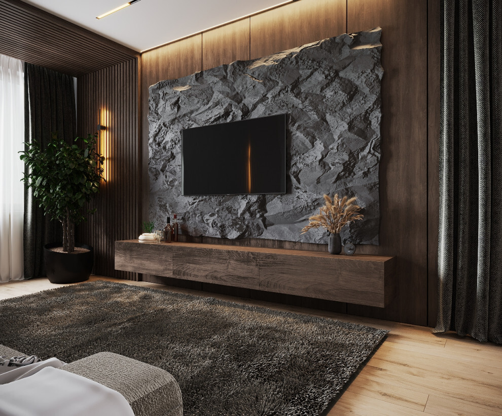 Интерьер гостиной cтеной с телевизором и телевизором на стене в современном стиле