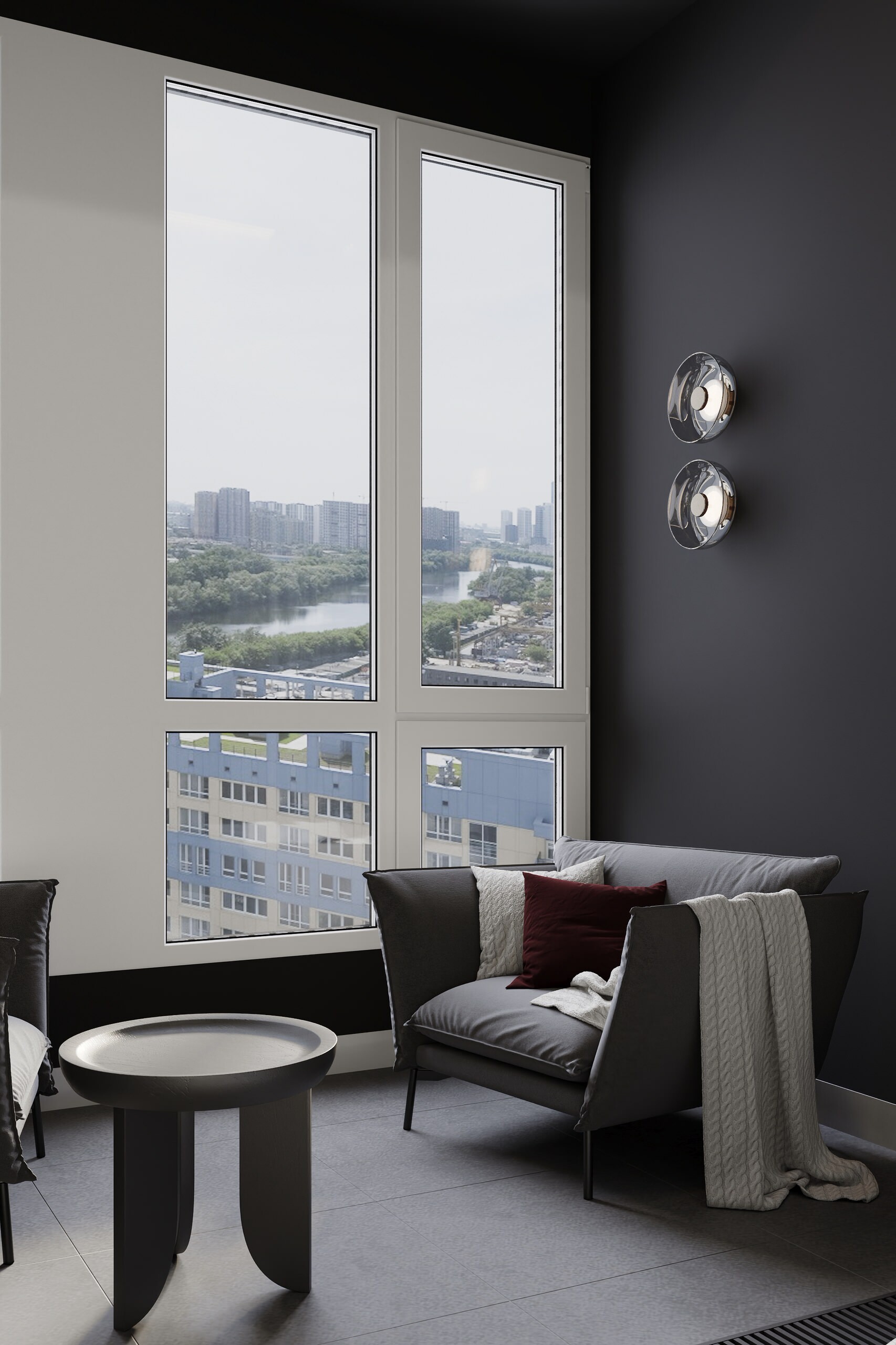 Интерьер гостиной с окном и подсветкой настенной в современном стиле