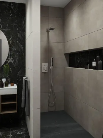 Интерьер ванной с душевой из плитки  смотреть на Basicdecor