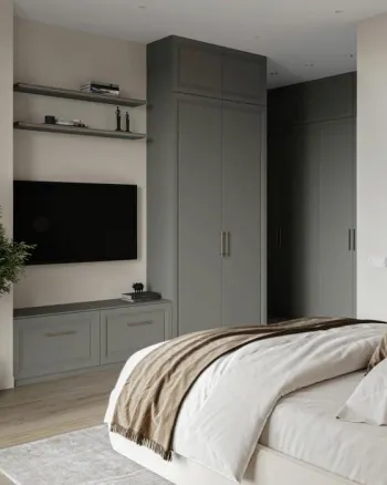 Интерьер спальни с шкафом напротив кровати и шкафом у кровати  смотреть на Basicdecor