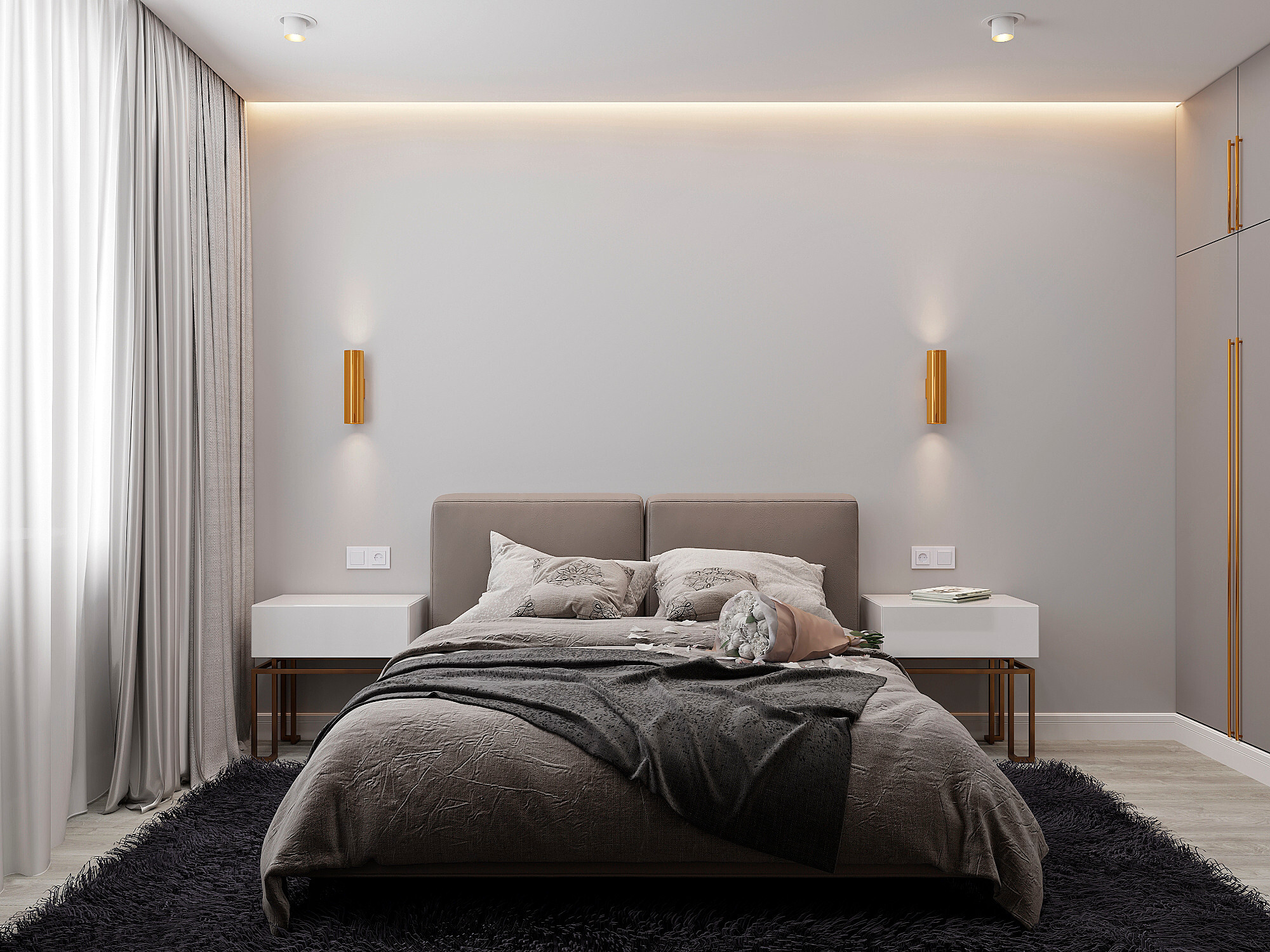 Интерьер спальни cветовыми линиями, подсветкой настенной и подсветкой светодиодной