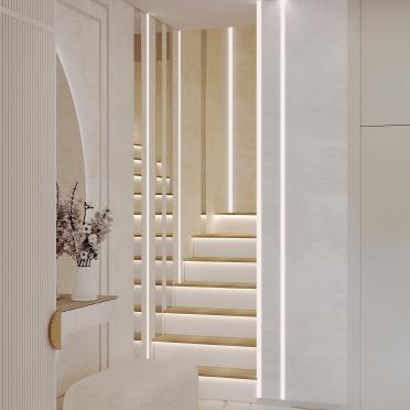 Интерьер с нишей с подсветкой, световыми линиями, подсветкой светодиодной и с подсветкой  смотреть на Basicdecor