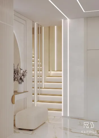 Интерьер с нишей с подсветкой, световыми линиями, подсветкой светодиодной и с подсветкой  смотреть на Basicdecor