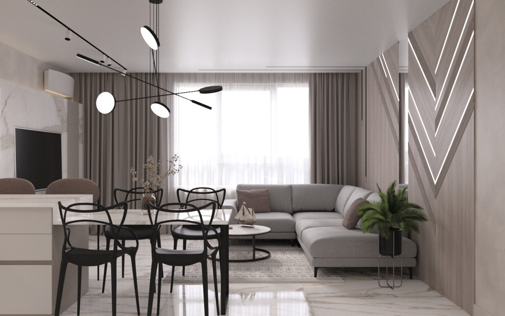 Интерьер гостиной cветовыми линиями, светильниками над столом и подсветкой светодиодной в современном стиле