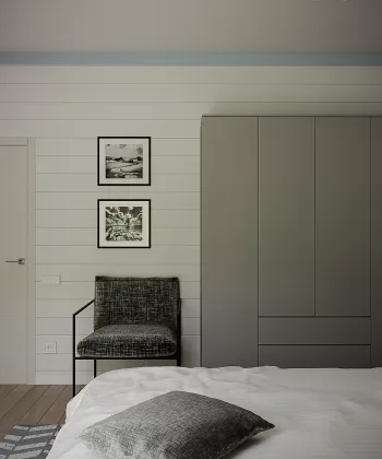 Интерьер детской с кроватью у двери, шкафом над кроватью, шкафом напротив кровати и шкафом у кровати  смотреть на Basicdecor