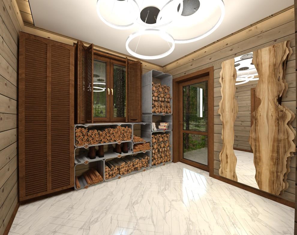 Интерьер с в деревянном доме и сауной в современном стиле
