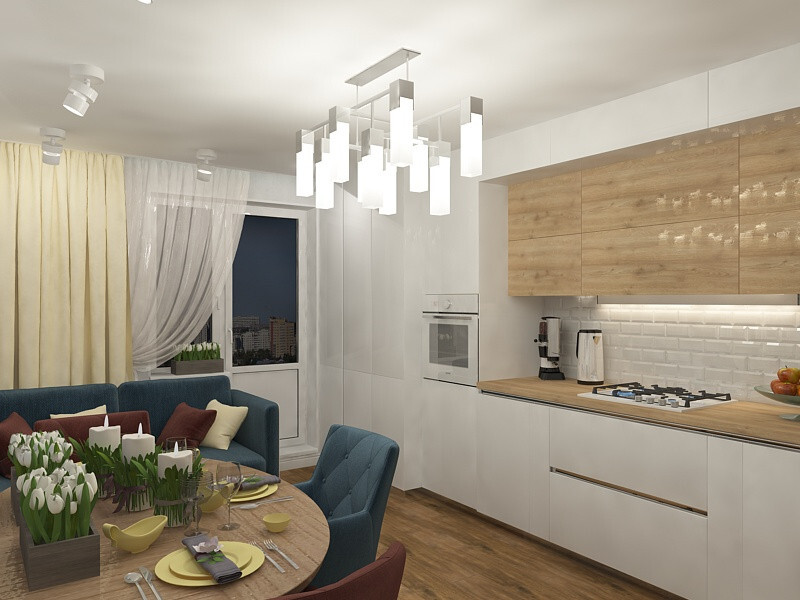 Интерьер кухни c обеденной зоной, светильниками над столом и подсветкой светодиодной в скандинавском стиле