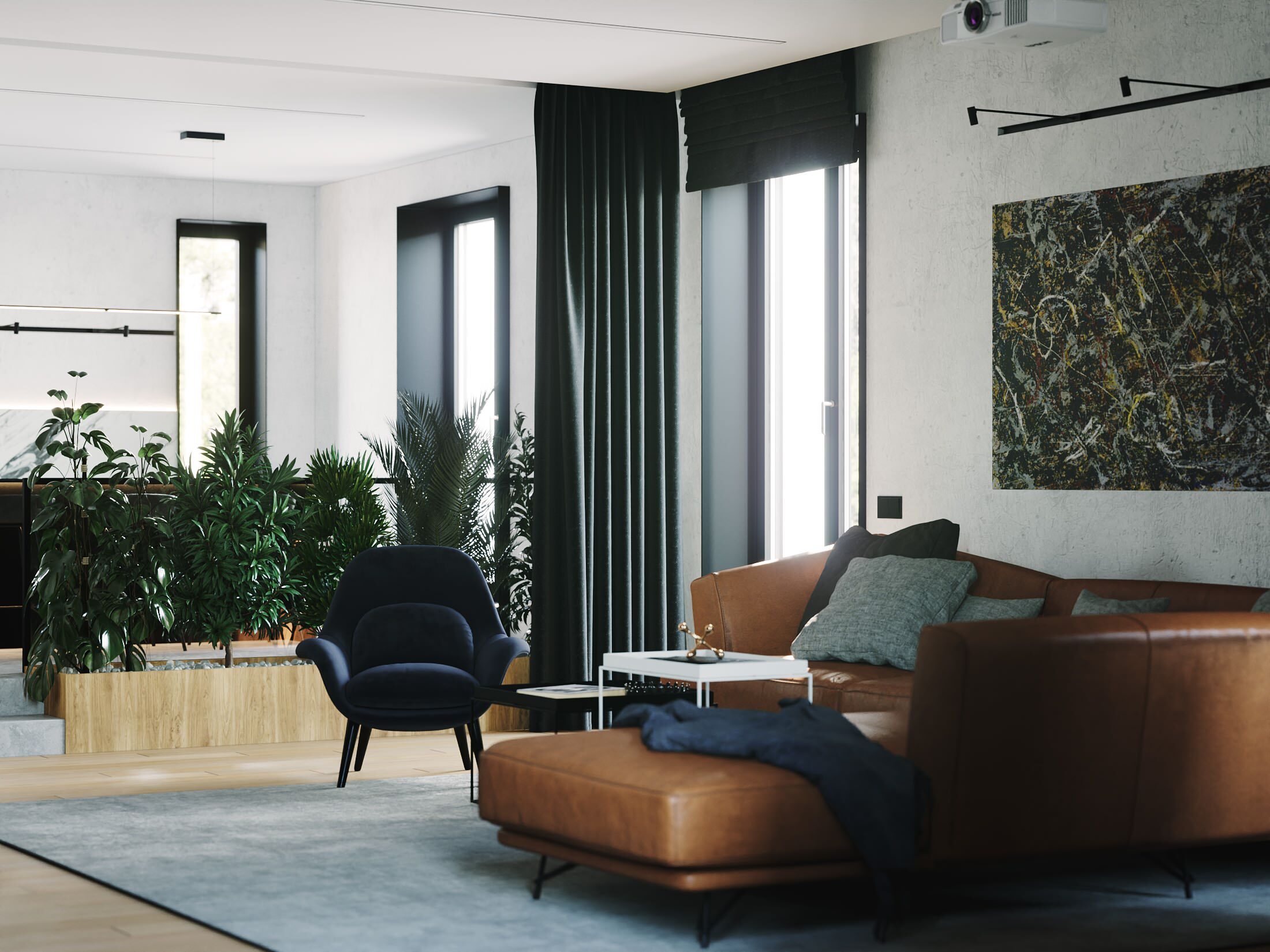 Интерьер гостиной с балконом, жалюзи, вертикальными жалюзи и дверными жалюзи в современном стиле