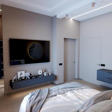 Интерьер спальни с нишей с подсветкой и световыми линиями  смотреть на Basicdecor