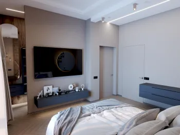 Интерьер спальни с нишей с подсветкой и световыми линиями  смотреть на Basicdecor