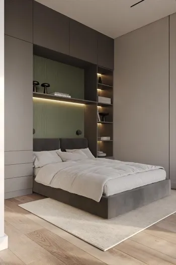 Интерьер спальни с кроватью в нише, кроватью у двери, бра над кроватью, светильниками над кроватью, шкафом над кроватью и акцентной стеной за кроватью  смотреть на Basicdecor