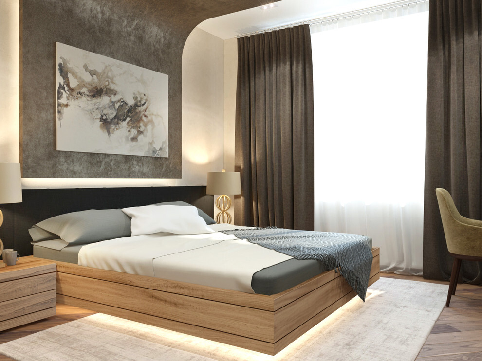 Интерьер спальни с кроватью в нише, бра над кроватью, подсветкой настенной, подсветкой светодиодной, светильниками над кроватью и с подсветкой в современном стиле
