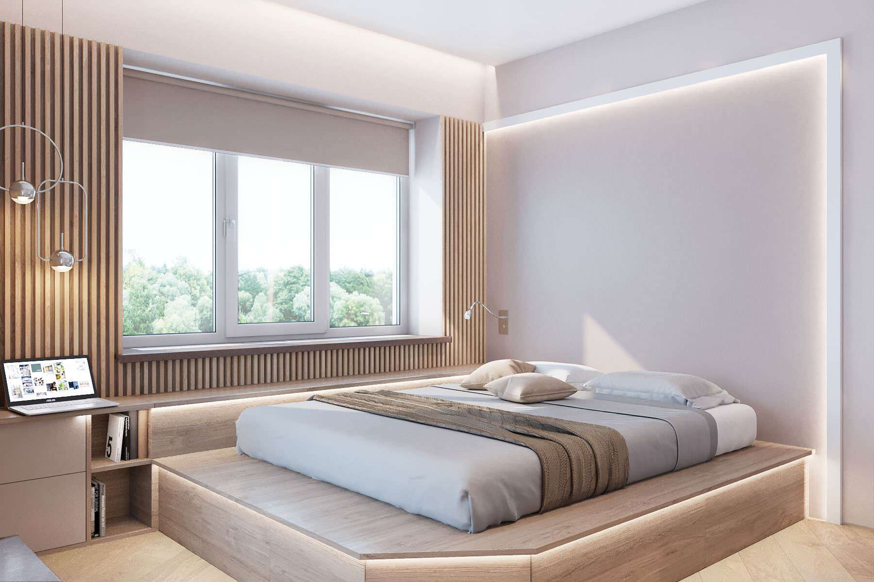 Интерьер спальни cветовыми линиями, рейками с подсветкой и подсветкой настенной в современном стиле