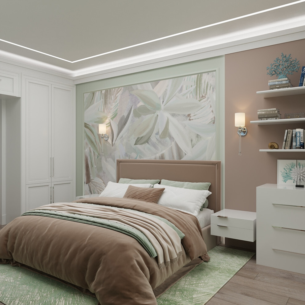 Интерьер спальни cветовыми линиями, рейками с подсветкой, подсветкой настенной, подсветкой светодиодной и светильниками над кроватью в стиле фьюжн