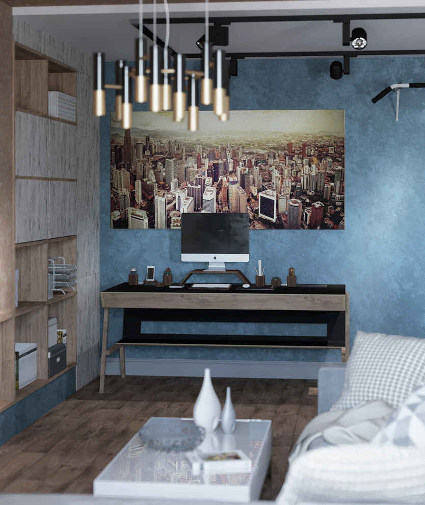 Интерьер гостиной c рабочим местом, стеной с телевизором, керамогранитом на стену с телевизором и подсветкой настенной в стиле лофт