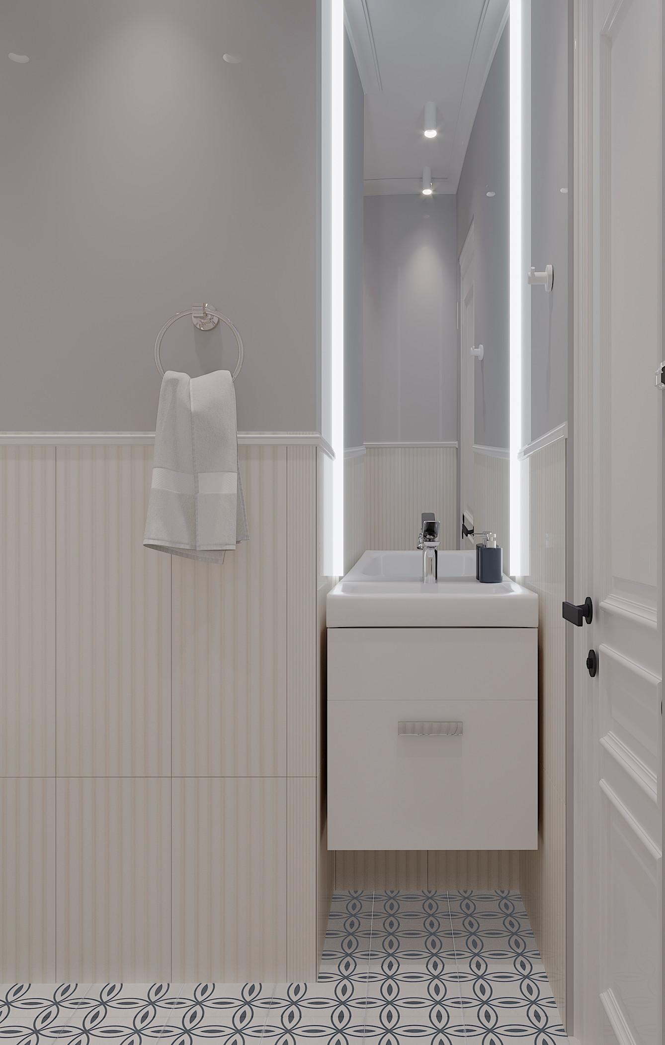 Интерьер ванной с зеркалом на двери и подсветкой светодиодной в современном стиле