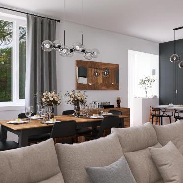 Интерьер гостиной cветильниками над столом  смотреть на Basicdecor