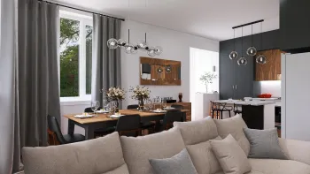 Интерьер гостиной cветильниками над столом  смотреть на Basicdecor