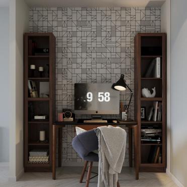 Интерьер c рабочим местом, стеной с телевизором и керамогранитом на стену с телевизором в скандинавском стиле