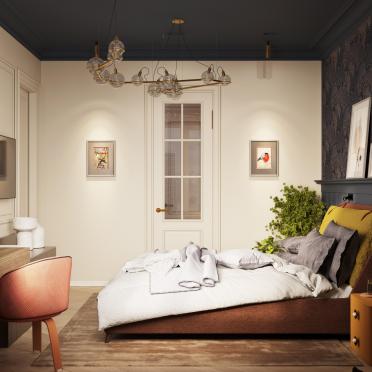 Интерьер спальни с картинами над камином  смотреть на Basicdecor