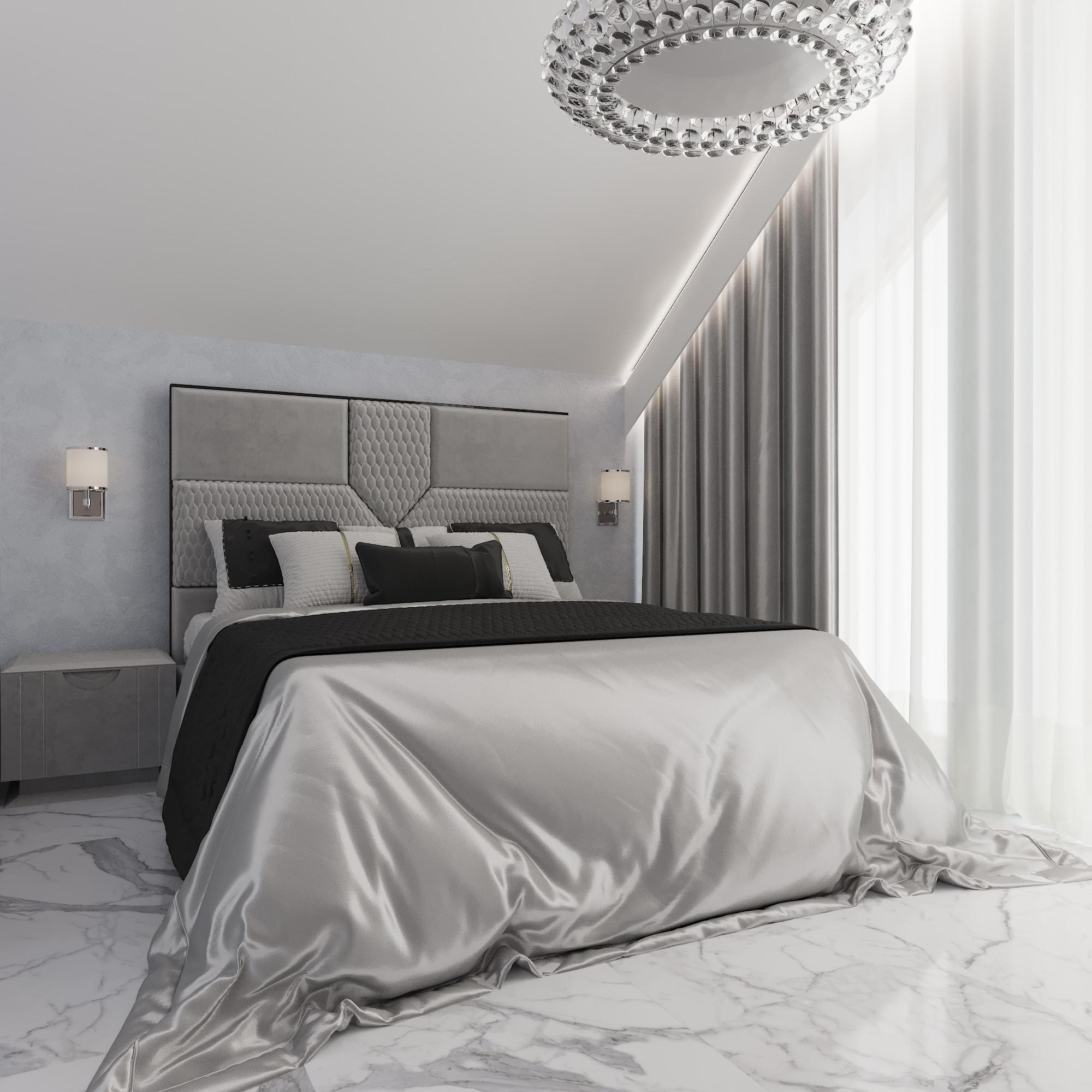 Интерьер спальни cветовыми линиями, подсветкой настенной и светильниками над кроватью в современном стиле