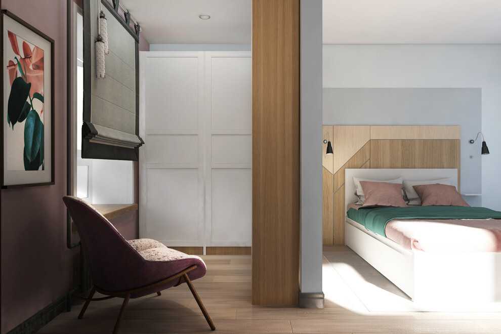 Интерьер спальни с перегородкой раздвижной в современном стиле и в стиле лофт