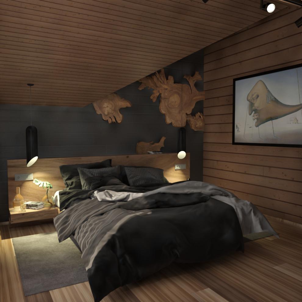 Интерьер спальни cауной и светильниками над кроватью в стиле лофт, скандинавском стиле и эко