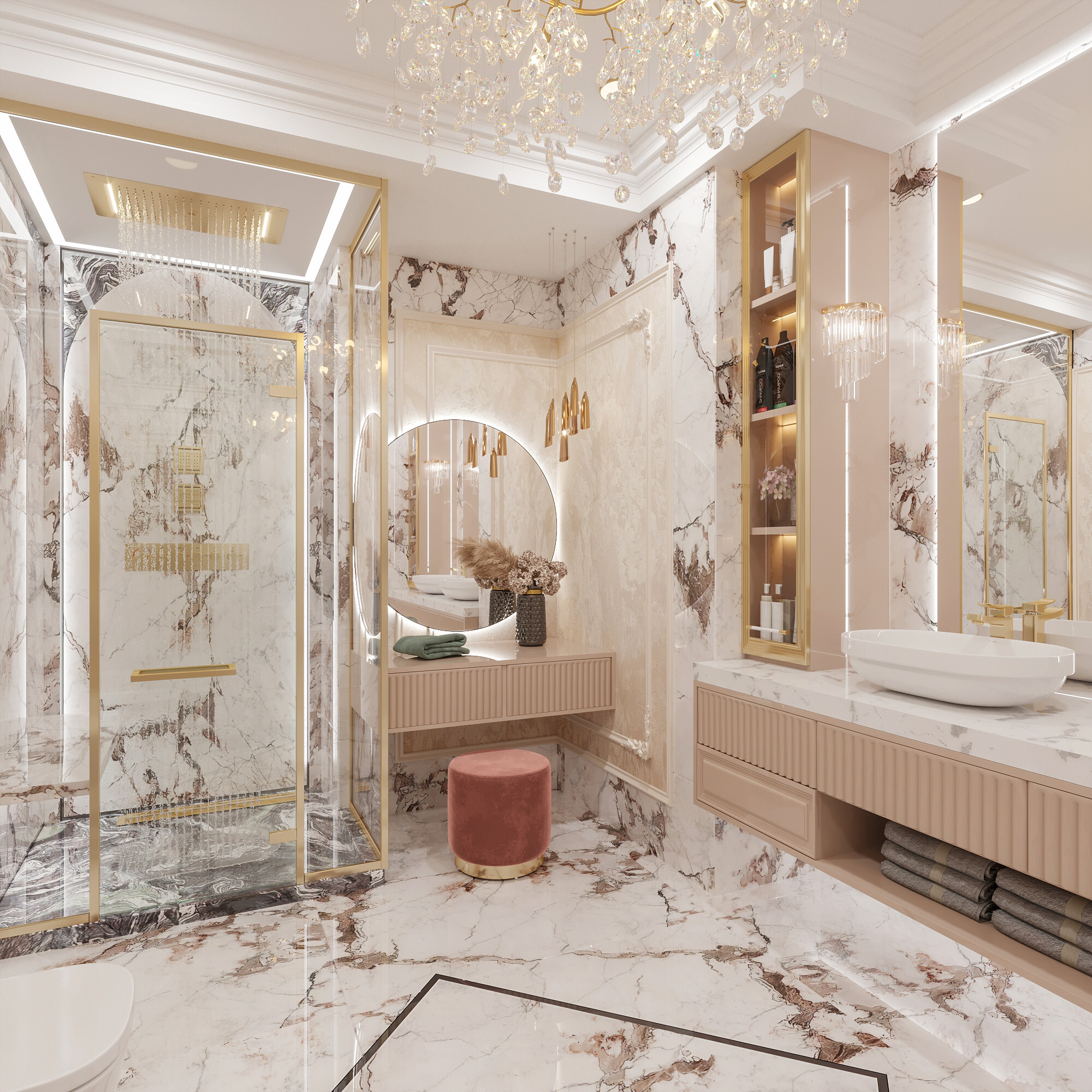 Интерьер ванной в современном стиле, барокко, ампире и рококо