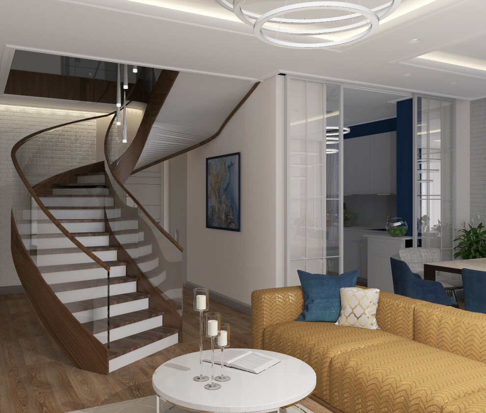 Интерьер гостиной с диваном под лестницей, рейками с подсветкой, подсветкой настенной, подсветкой светодиодной и с подсветкой в современном стиле