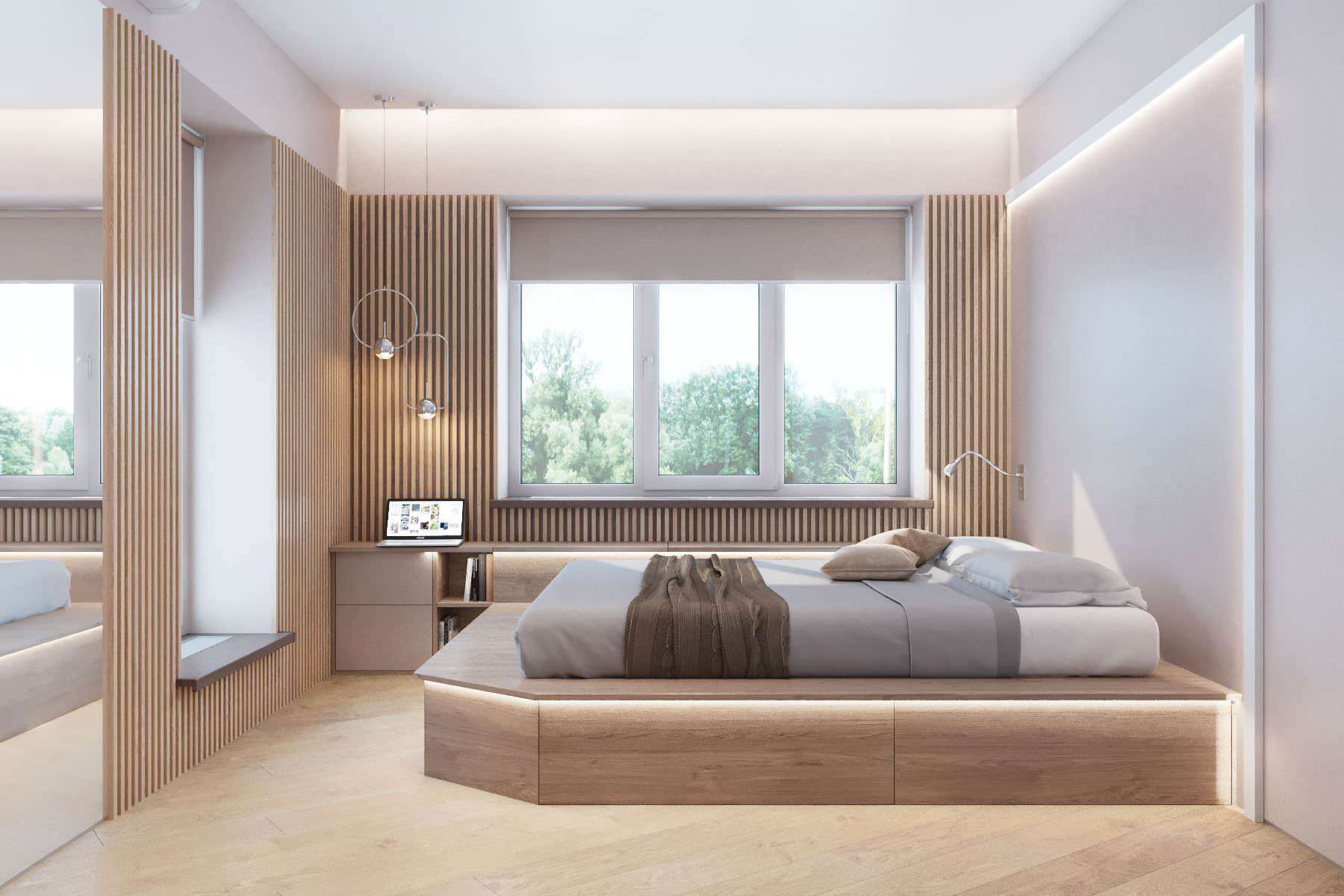 Интерьер спальни c рабочим местом и светильниками над кроватью в современном стиле