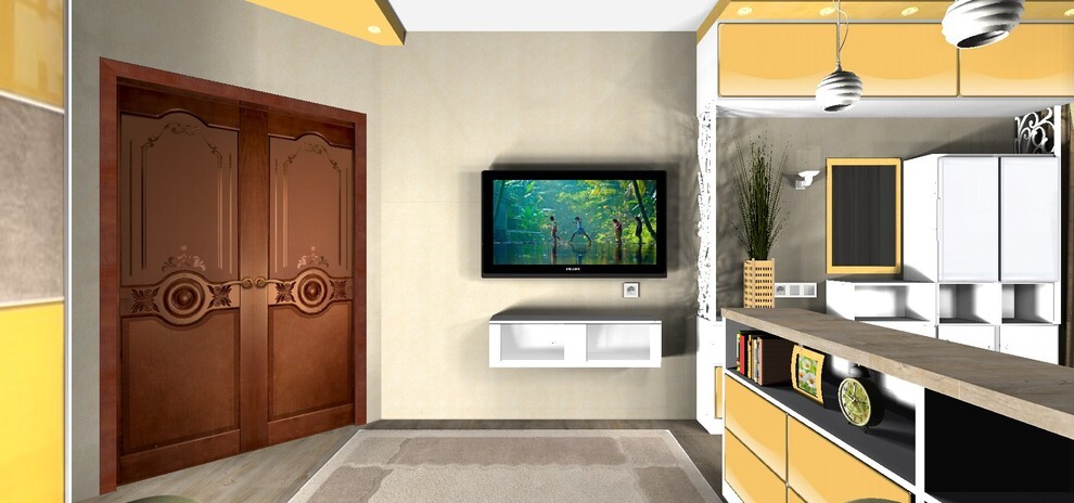 Интерьер с без дверей, с кабинетом, стеной с телевизором и телевизором на стене в современном стиле