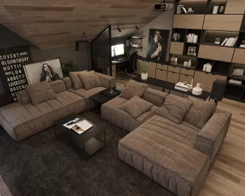 Интерьер гостиной c рабочим местом в современном стиле смотреть на Basicdecor