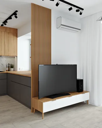 Интерьер гостиной с телевизором на рейках  смотреть на Basicdecor