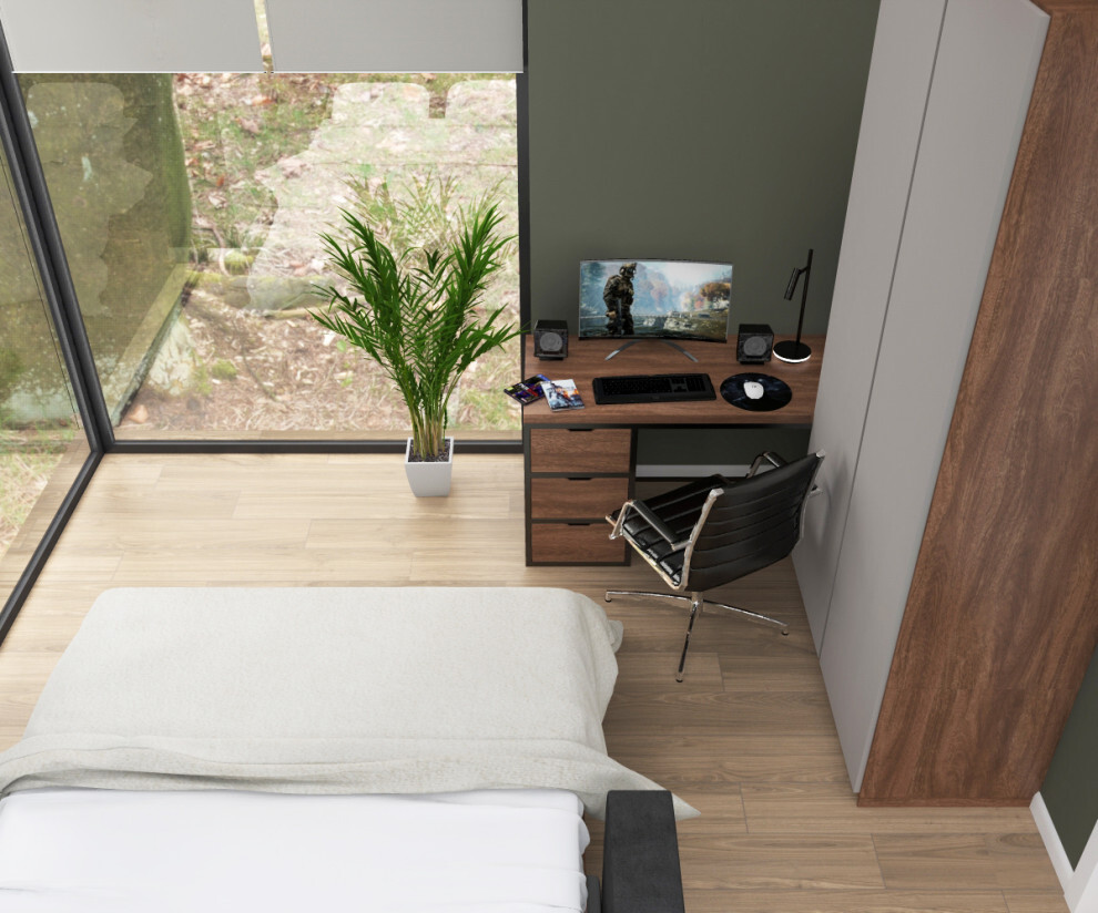 Интерьер спальни c рабочим местом и керамогранитом на стену с телевизором в современном стиле