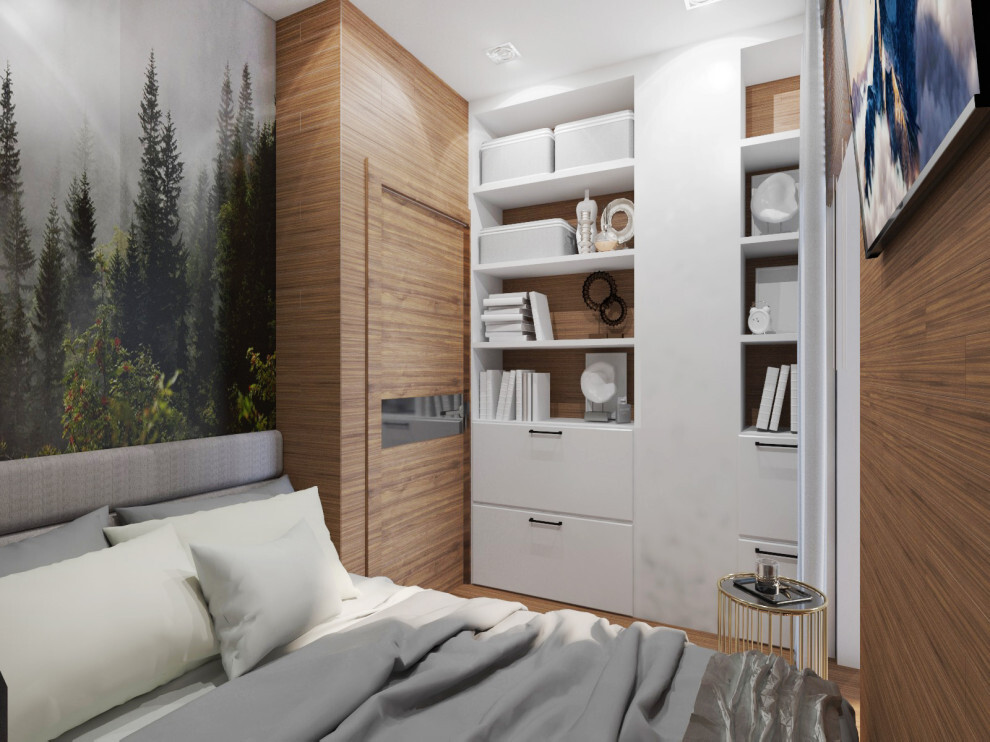 Интерьер спальни с шкафом над кроватью, шкафом напротив кровати и шкафом у кровати в стиле лофт и эко