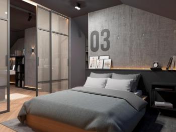 Интерьер спальни с подсветкой светодиодной и светильниками над кроватью в стиле лофт