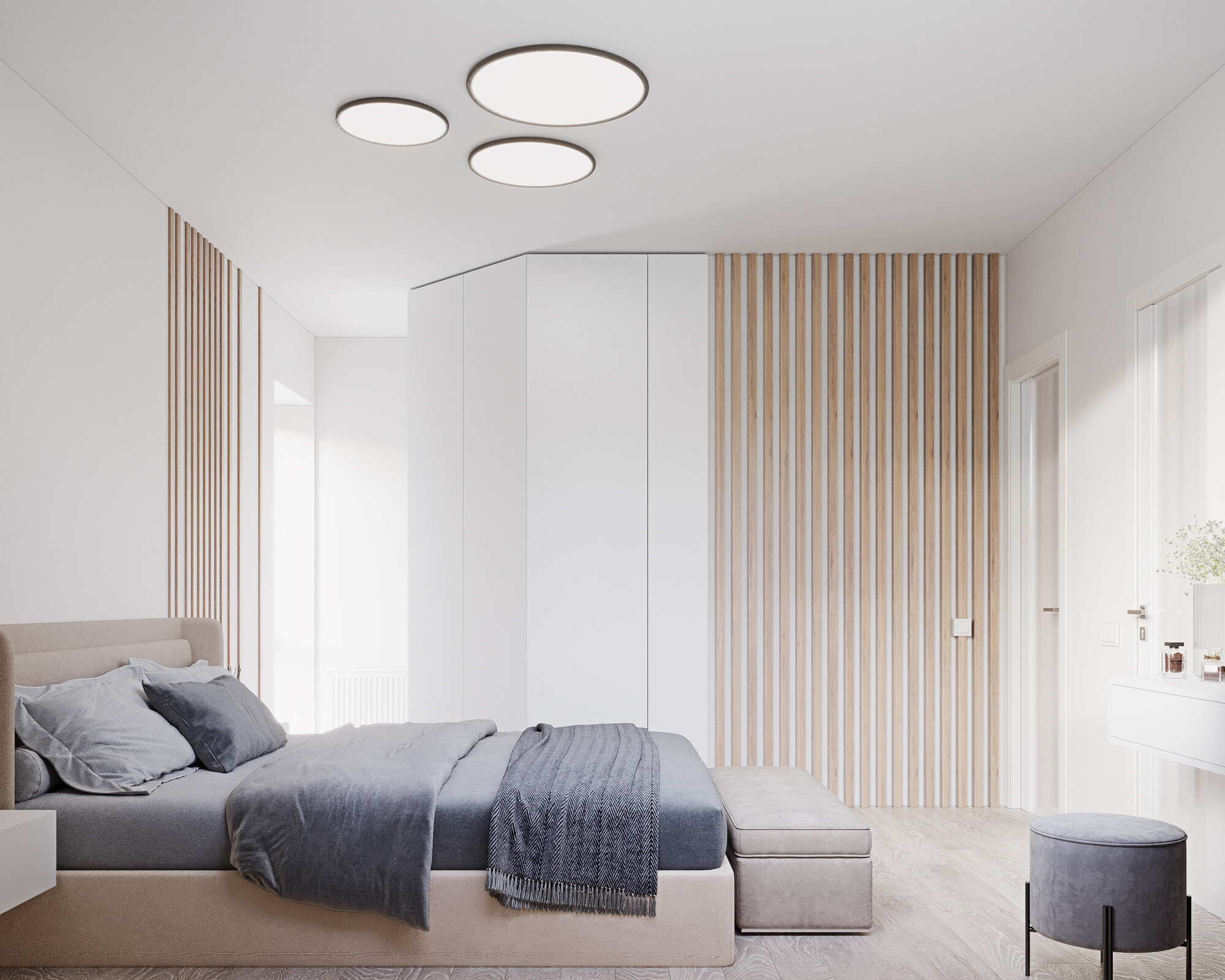 Интерьер спальни с рейками с подсветкой, подсветкой светодиодной и светильниками над кроватью в современном стиле