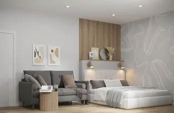 Интерьер спальни с нишей с подсветкой, светильниками над кроватью и с подсветкой  смотреть на Basicdecor