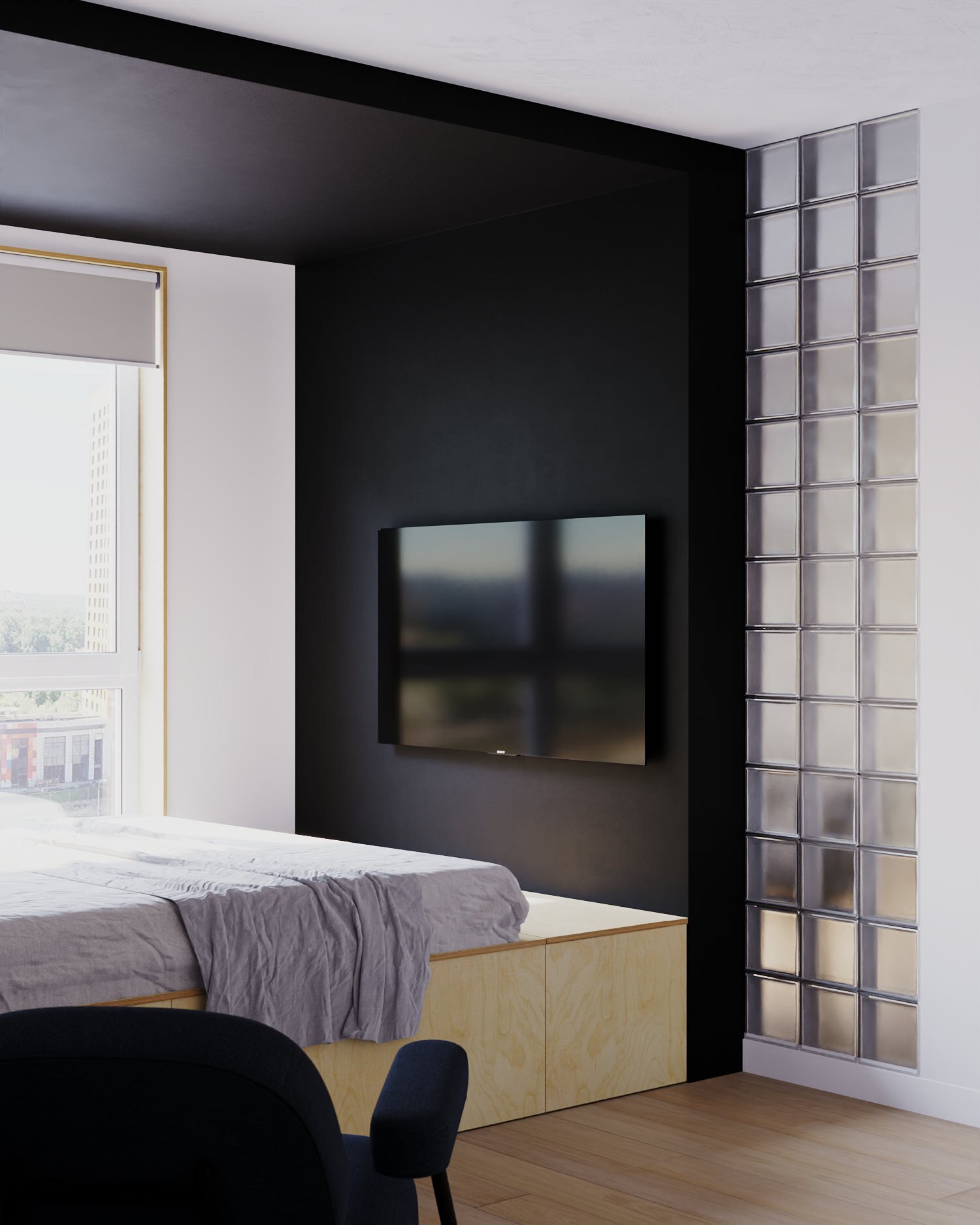 Интерьер спальни cтеной с телевизором, телевизором на стене, нишей для телевизора и керамогранитом на стену с телевизором в современном стиле