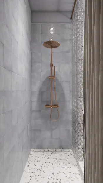 Интерьер ванной с душевой из плитки  смотреть на Basicdecor