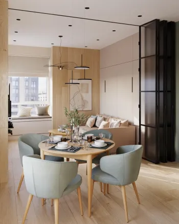 Интерьер гостиной cветильниками над столом  смотреть на Basicdecor