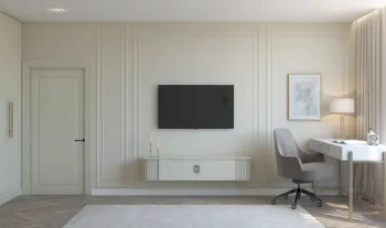 Интерьер спальни с телевизором на стене  смотреть на Basicdecor