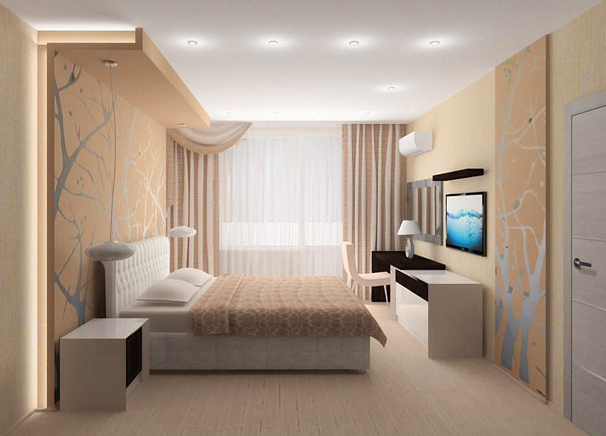Интерьер спальни c рабочим местом, подсветкой настенной, подсветкой светодиодной и светильниками над кроватью в современном стиле