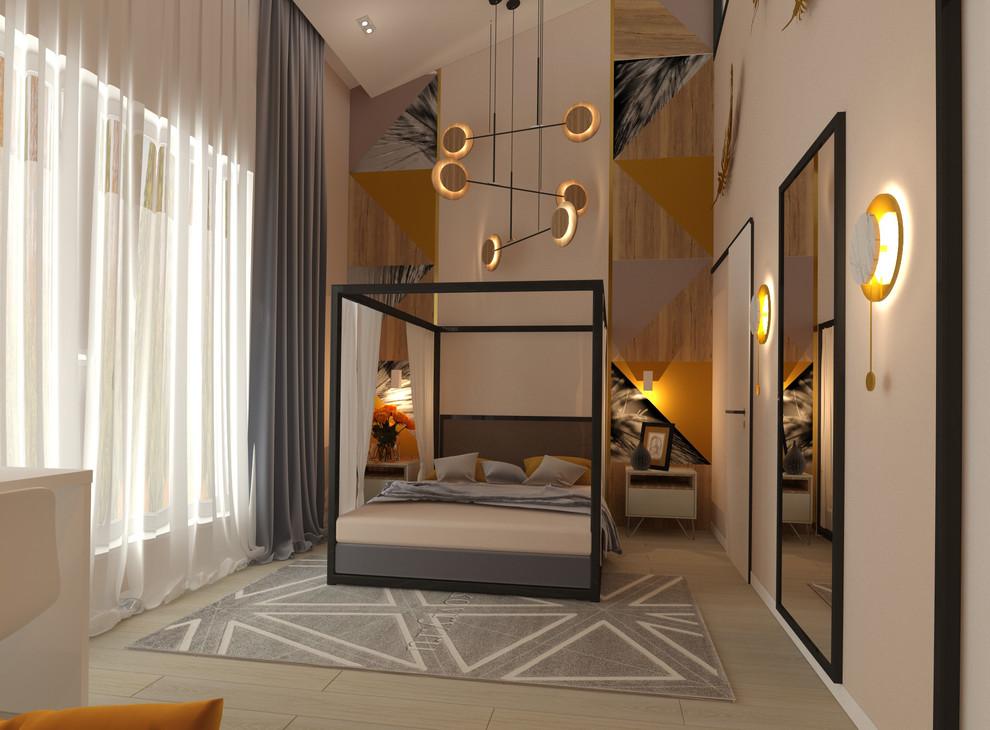 Интерьер спальни с кроватью под потолком и светильниками над кроватью в современном стиле и в стиле лофт