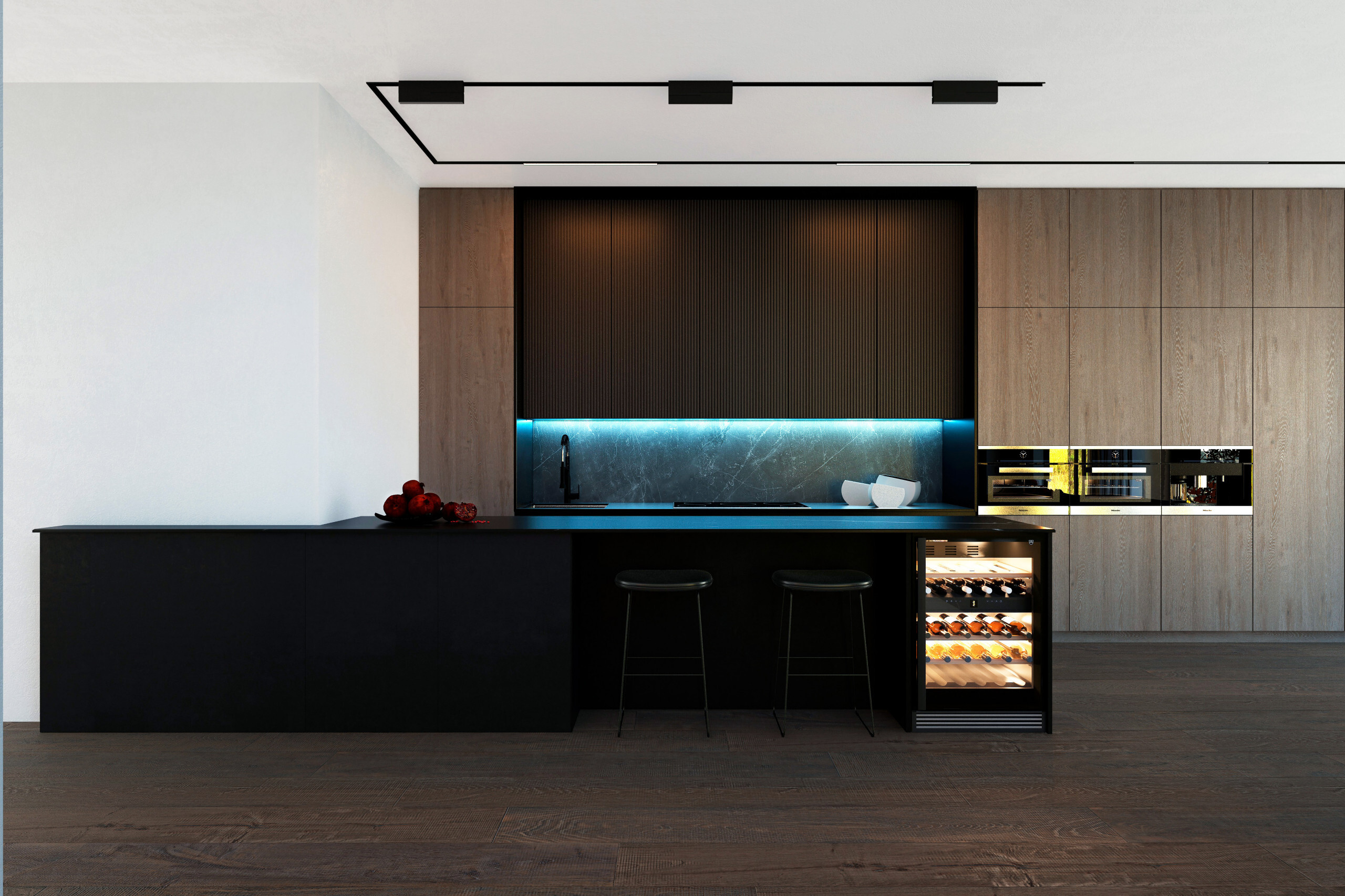 Интерьер кухни cветовыми линиями, подсветкой настенной, подсветкой светодиодной и с подсветкой в современном стиле